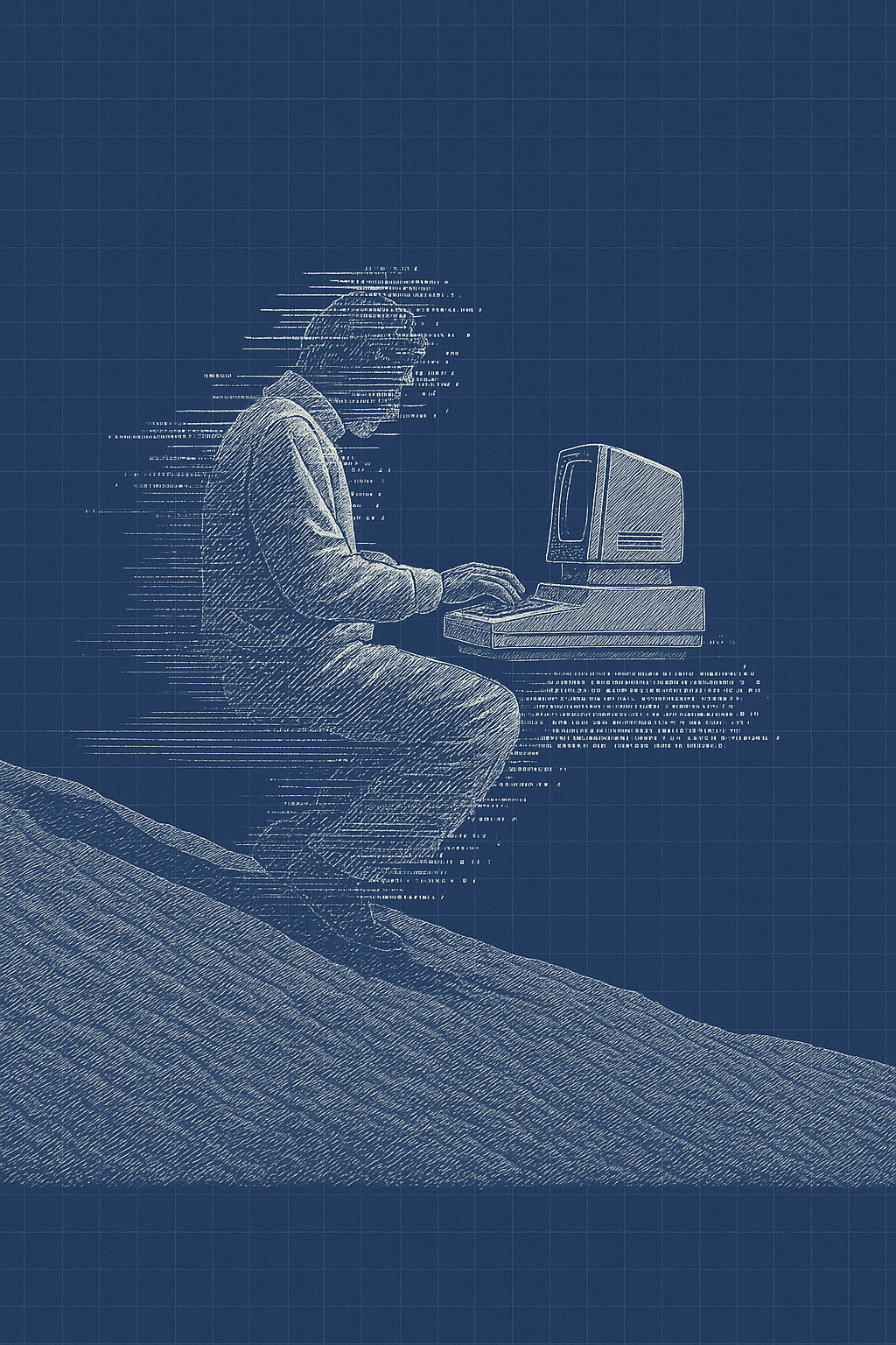 A hooded figure hunched over a boxy desktop computer on a hillside, both dissolving into streams of code.