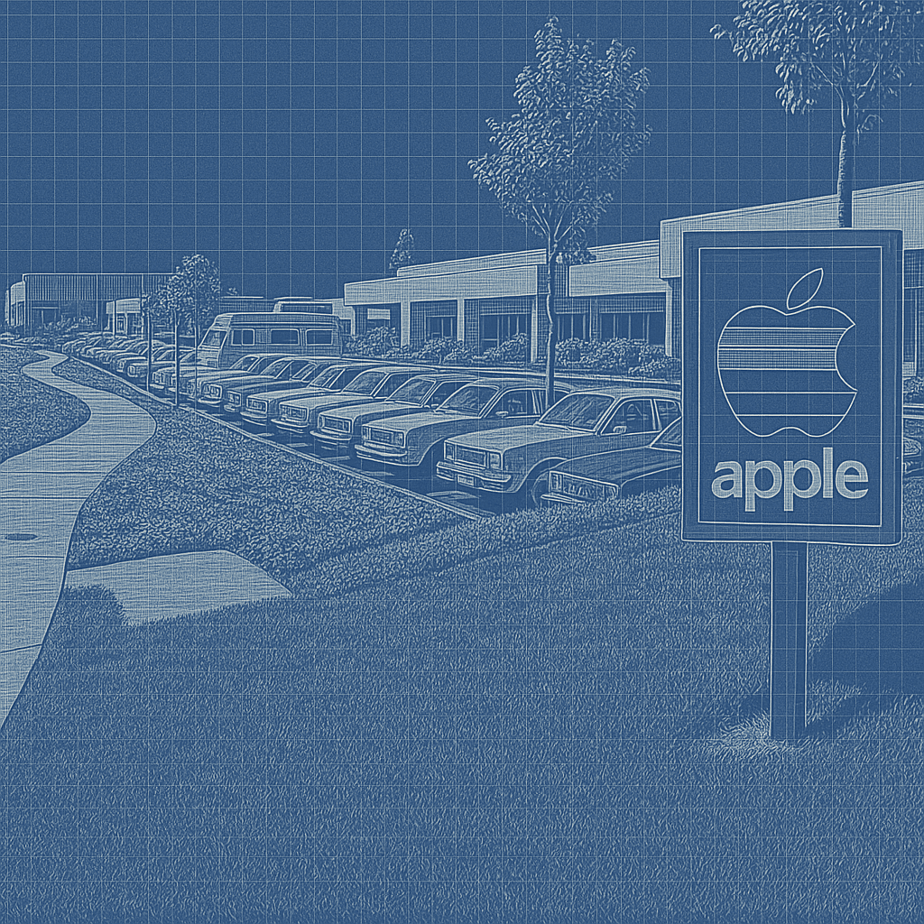 An early Apple office park, with cars parked along a low campus building and a roadside sign reading "apple".