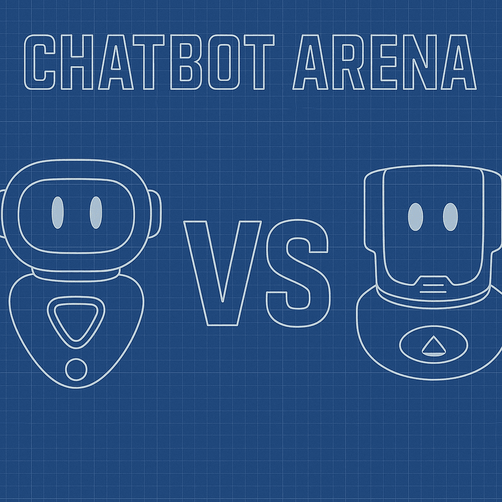 Two cartoon robots facing off under the heading "CHATBOT ARENA", with "VS" between them.