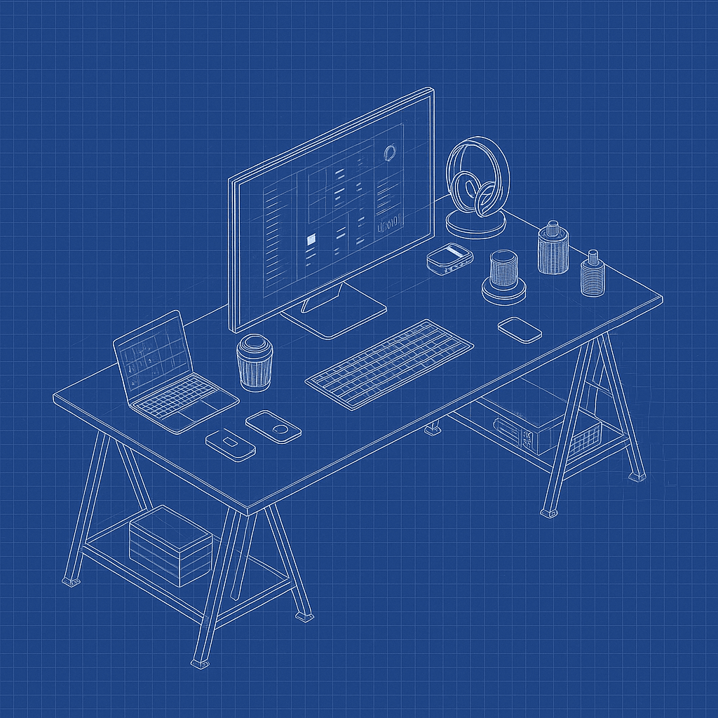A desk with a large monitor, a laptop, a keyboard, headphones and a coffee cup.