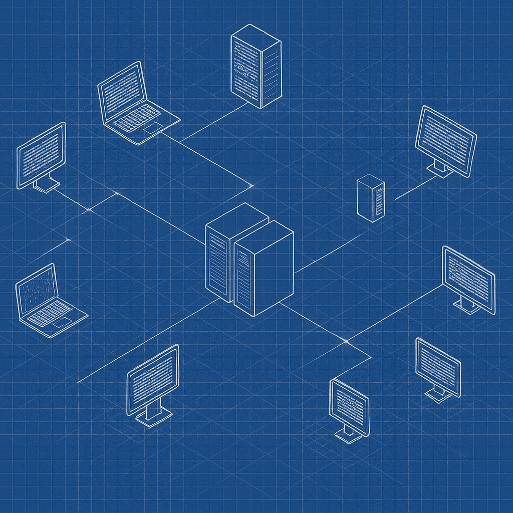 A network diagram: laptops and monitors arranged around a pair of central servers.