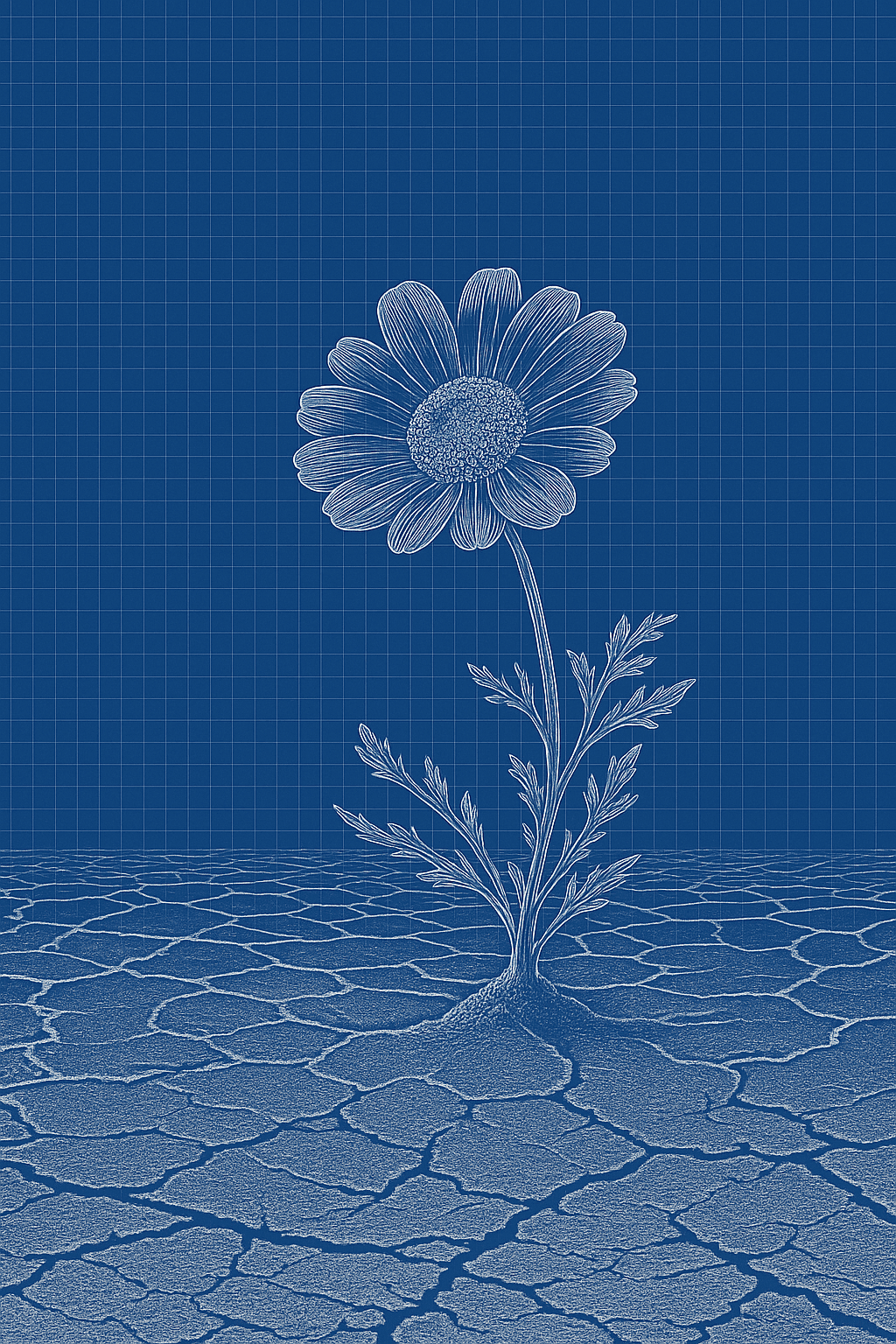 A single daisy in flower, rooted in cracked, dried-out ground.