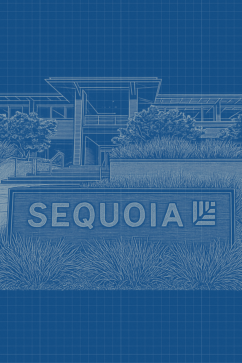 A low stone sign reading "SEQUOIA" in front of a modern single-storey office.