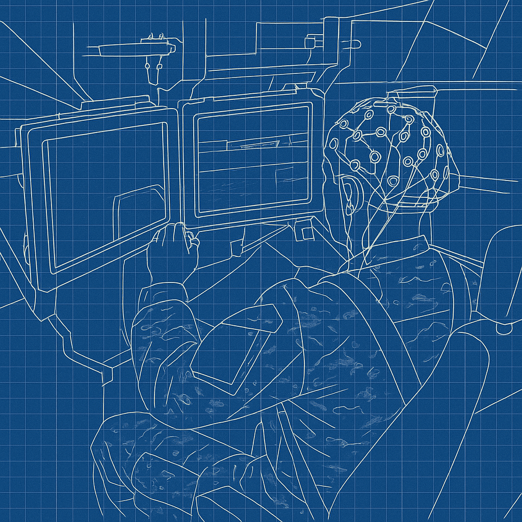 A person in an EEG electrode cap seated at a bank of screens.